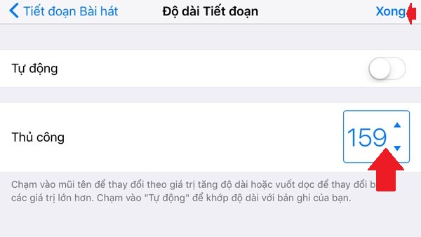 Đây là giao diện để tăng đoạn nhạc, chúng ta có thể vuốt lên xuống ở nút tăng thủ công cho nhanh. Sau đó hãy bấm xong.