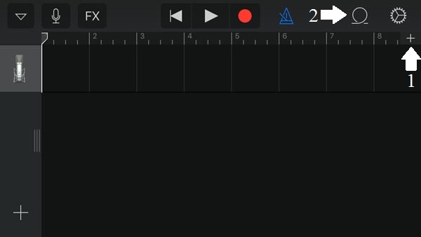 Hướng dẫn cách cài nhạc chuông iPhone không cần máy tính: Bấm dấu + trên góc phải (1) để tăng thêm độ dài đoạn nhạc, sau đó chúng ta bấm biểu tượng vòng lặp cạnh đó (2) để chọn file nhạc.