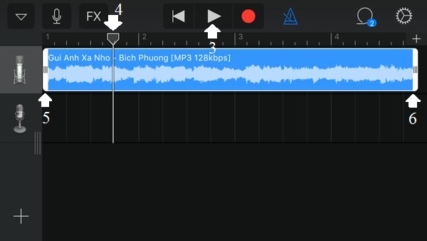 Bây giờ chúng ta tiến hành cắt từ file nhạc gốc ra đoạn nhạc chuông mong muốn. Hãy bấm nút chạy (3) để nghe file nhạc và cho dấu chỉ (4) dừng ở đoạn mong muốn, sau đó chúng ta kéo 2 đầu mút (5 hoặc 6) tới chỗ dấu chỉ để tạo điểm cắt đầu và cắt cuối. Lưu ý để điều chỉnh dễ hơn chúng ta có thể cần phóng to khung nhạc theo thao tác "zoom in" thông thường.
